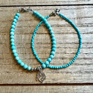Set of 2 Turquoise Beaded & Sterling Silver Maple Leaf Charm Bracelets